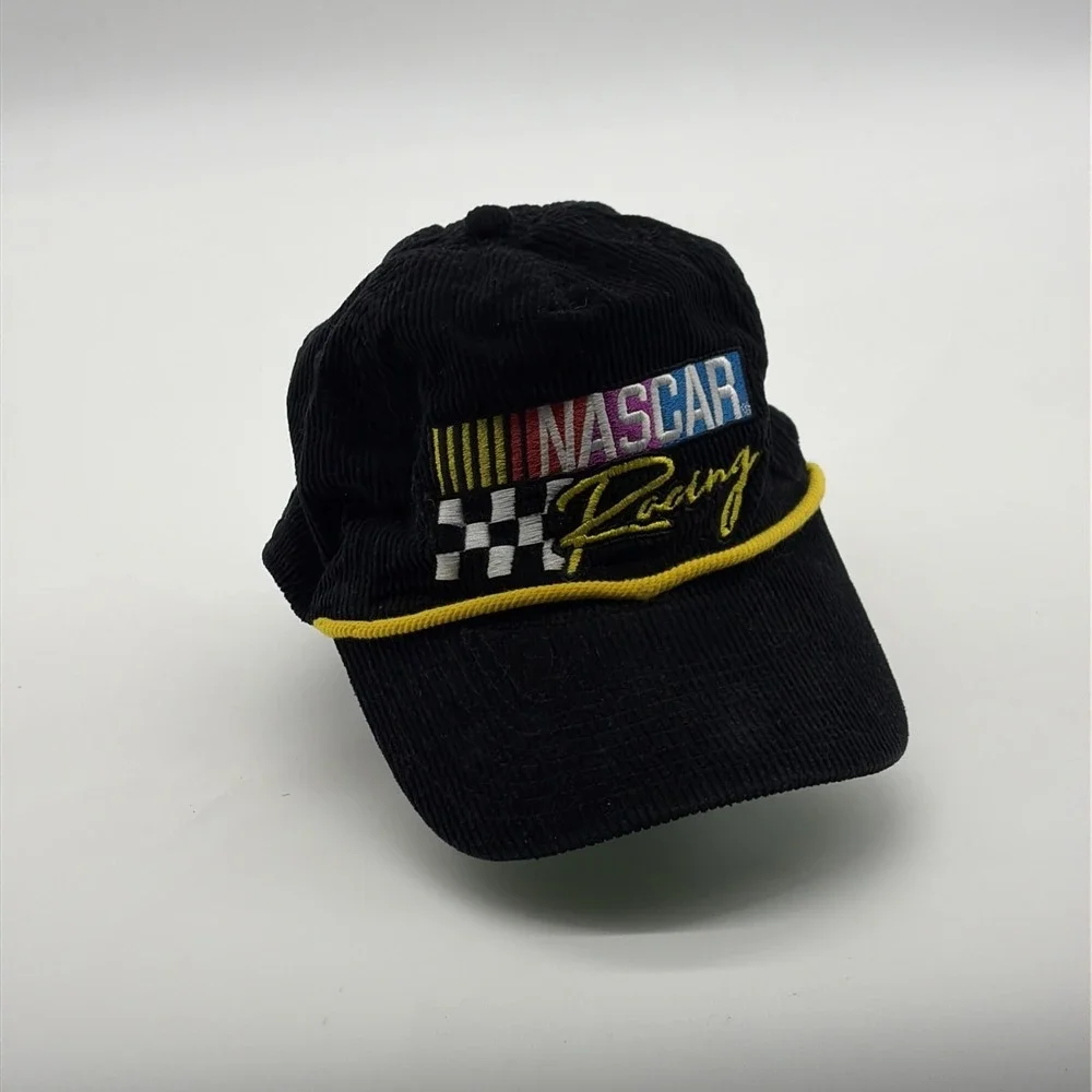 NASCAR RACING Corduroy Baseball Trucker Hat Cap Black Yellow Rope SnapBack